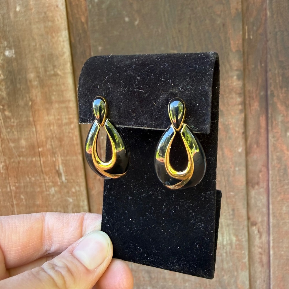 Napier Drop Earrings Women Black Gold Tone Enamel Vintage Teardrop Statement‎